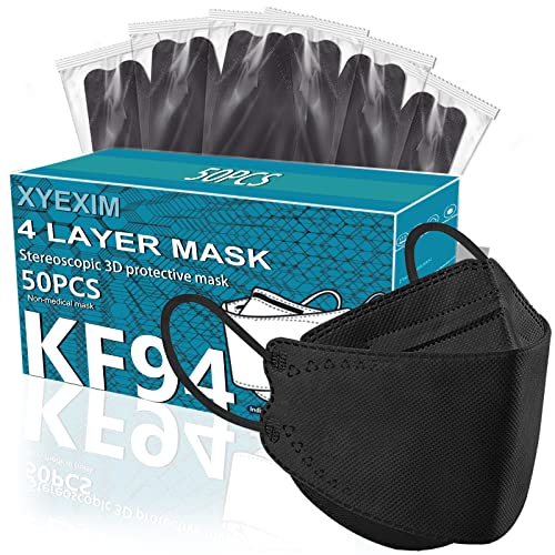 50PCS KF94 Mask Disposable Face Masks - Korean Imported Filter - Individually Wrapped 4 Ply Breathable Comfortable Safety Mask-3D Structure for Larger Breathing Space & Makeup Friendly-Black