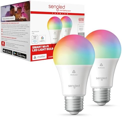 Sengled Smart Bulb, Matter-Enabled, Led Light Bulbs That Compatible with Alexa, Multicolor, A19 60W Equivalent, 800LM, 2.4 GHz Wi-Fi, 2-Pack
