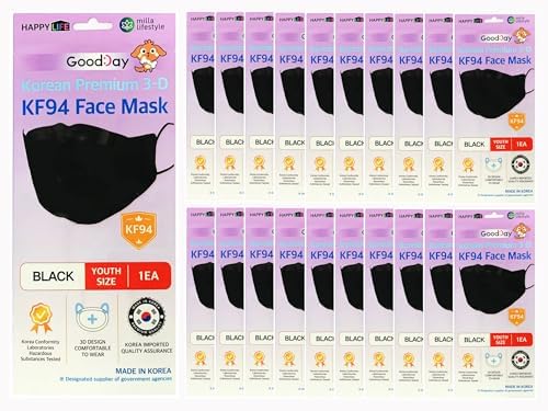 (Pack of 20) KF-94 Kids Black Face Mask, Individual Pack Youth, 4-Layer Filters Disposable, Made in Korea