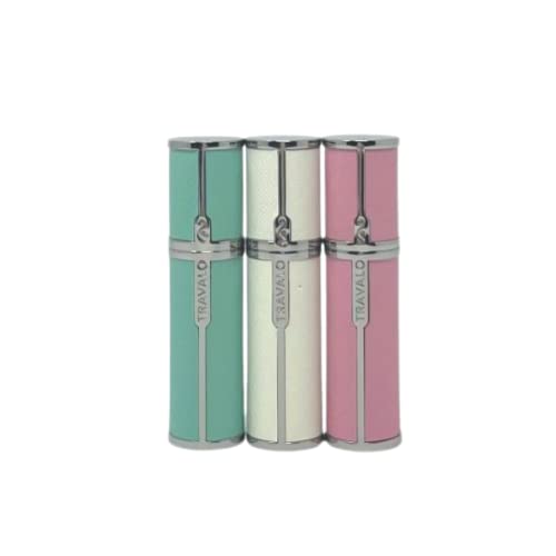 Travalo Milano Perfume Atomizer Bundle Refill System TSA Approved | Reusable Easy Fill Mini Pump Sprayer Lightweight Portable Vegan Leather w/Polished Metal | White, Aqua, Perfect Pink | 3 Pack 0.17oz