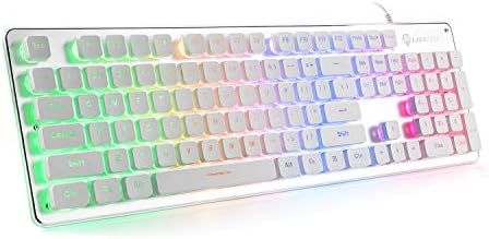 LANGTU Membrane Gaming Keyboard, Rainbow LED Backlit Quiet Keyboard for Office, USB Wired All-Metal Panel 25 Keys Anti-ghosting Computer Keyboard 104 Keys - L1 White/Silver