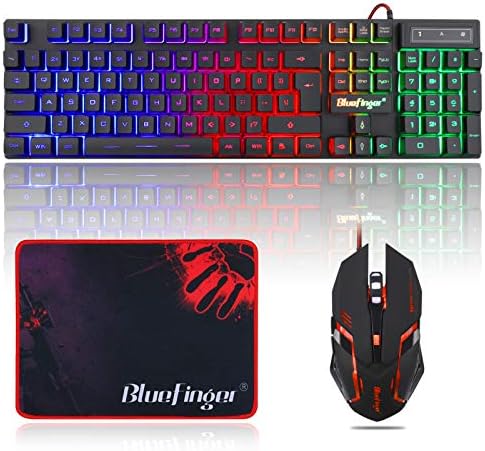 BlueFinger RGB Gaming Keyboard and Backlit Mouse Combo, USB Wired, LED Gaming Set for Laptop PC Computer Game and Work