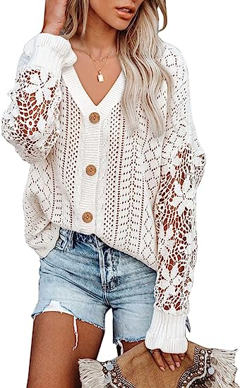 AlvaQ Womens Lightweight Lace Crochet Cardigan Sweater Kimonos Casual Oversized Open Front Button Down Knit Outwear