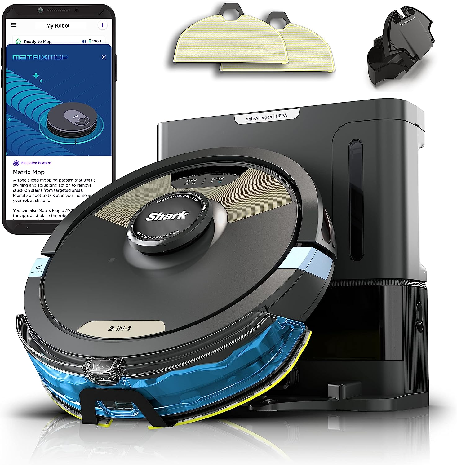 Shark AV2610WA AI Ultra 2in1 Robot Vacuum & Mop with Sonic Mopping, Matrix Clean, Home Mapping, HEPA Bagless Self Empty Base, CleanEdge Technology, for Pet Hair, Wifi, Works with Alexa, Black/Gold