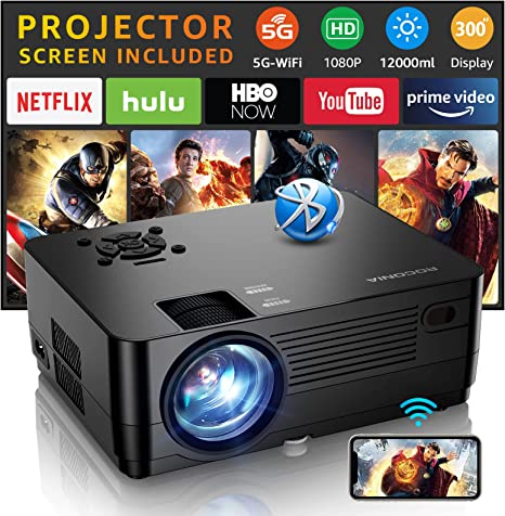 5G WiFi Bluetooth Native 1080P Projector[Projector Screen Included], Roconia 12000LM Full HD Movie Projector, 300" Display Support 4k Home Theater,Compatible with iOS/Android/XBox/PS4/TV Stick/HDMI